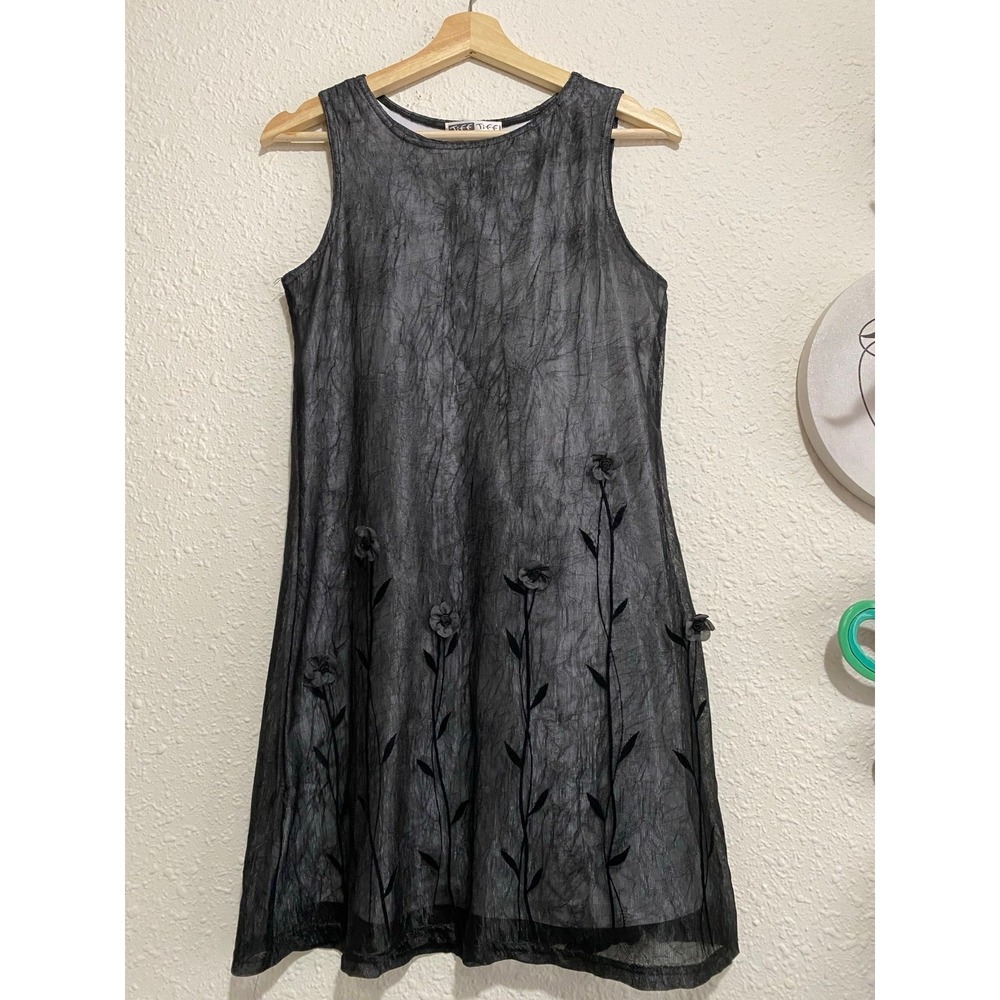 Tiff Tiff USA Vintage Crinkle Mesh Floral Sleeveless Dress Gray goth witch dark